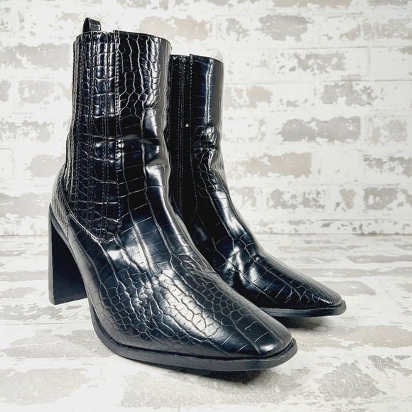 Nasty Gal Black Leather Suede Square Toe Block High Heels Ankle Boots B627 - Picture 4 of 13